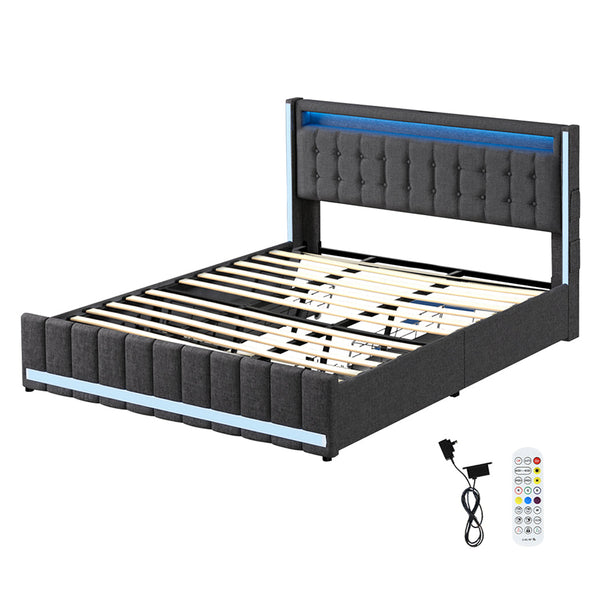 Levede King Bed Frame Fabric Storage Drawer Led Usb King Bed Frames