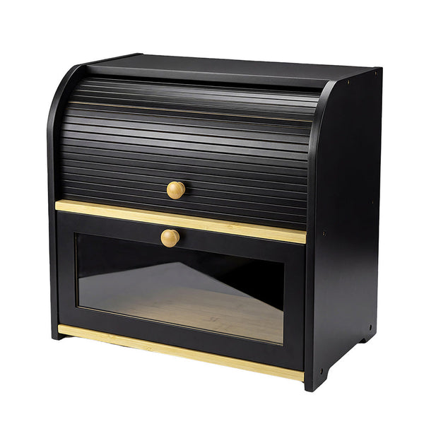 Toque 2 Tier Bamboo Bread Bin With Roll Top Door Kitchen Storage Bread Bins