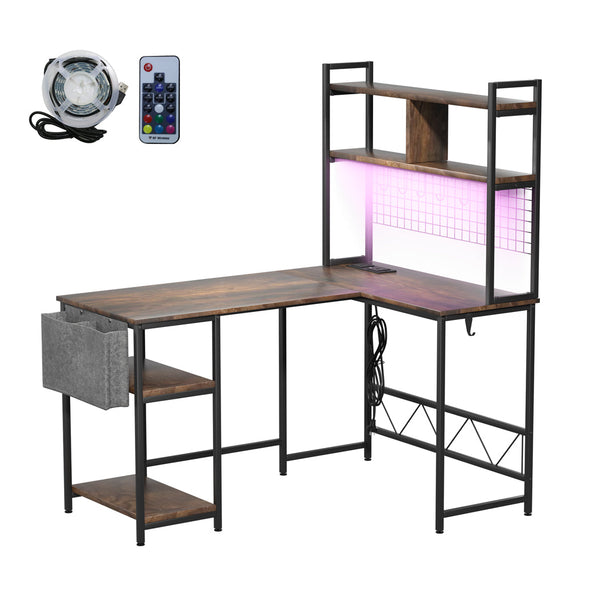 Levede Shaped Gaming Desk With Led Lights Brown Home Office Desks