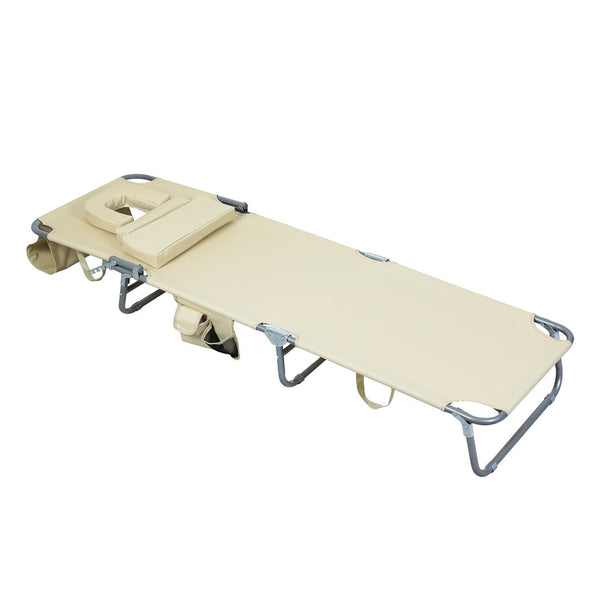 Levede Foldable Beach Lounge Chairs With Face Hole Khaki Loungers