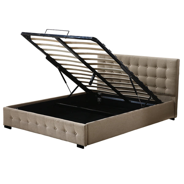 Levede Fabric Bed Frame Double Gas Lift Beige Double Bed Frames