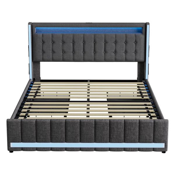 Levede Queen Bed Frame With Led Lights Usb Ports And Storage Drawers Queen Bed Frames