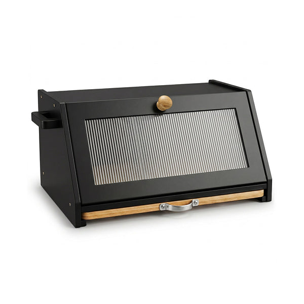 Toque Bamboo Bread Box With Cutting Board & Knife Holder Black Bread Bins