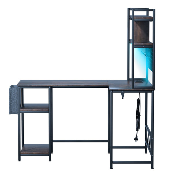 Levede Shaped Gaming Desk With Led Lights Brown Home Office Desks