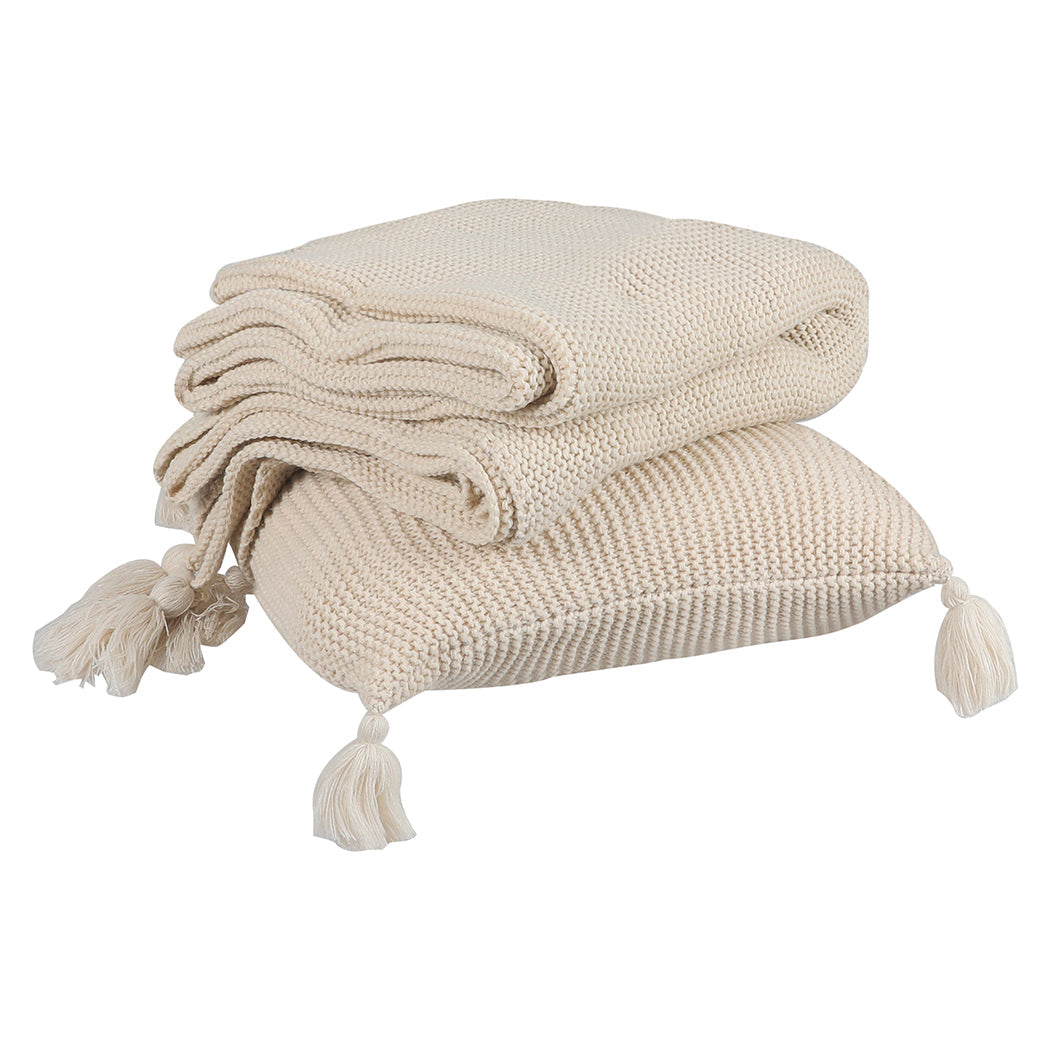 Dreamz Knitting Throw Blanket Cushion Beige Blankets