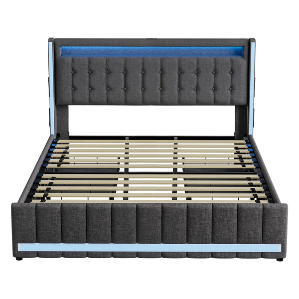 Levede King Bed Frame Fabric Storage Drawer Led Usb King Bed Frames