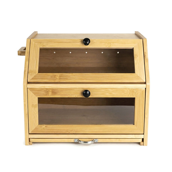 Toque Double Layer Bamboo Bread Box With Window & Cutting Board Bread Bins