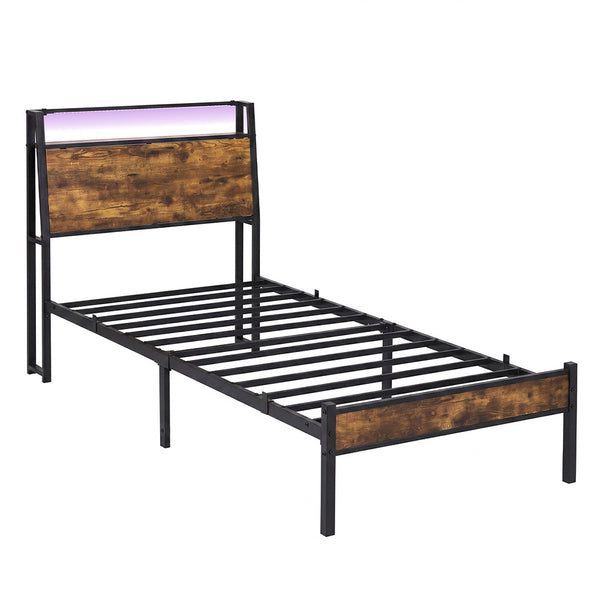 Levede Single Bed Frame With Led Usb Charging Storage Headboard Walnut Black Single Bed Frames