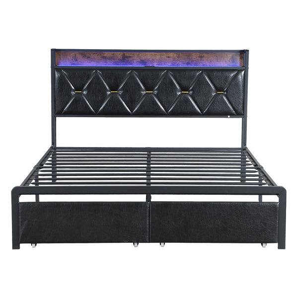 Levede Queen Metal Bed Frame With Led Lights And 2 Drawers Black Double Bed Frames