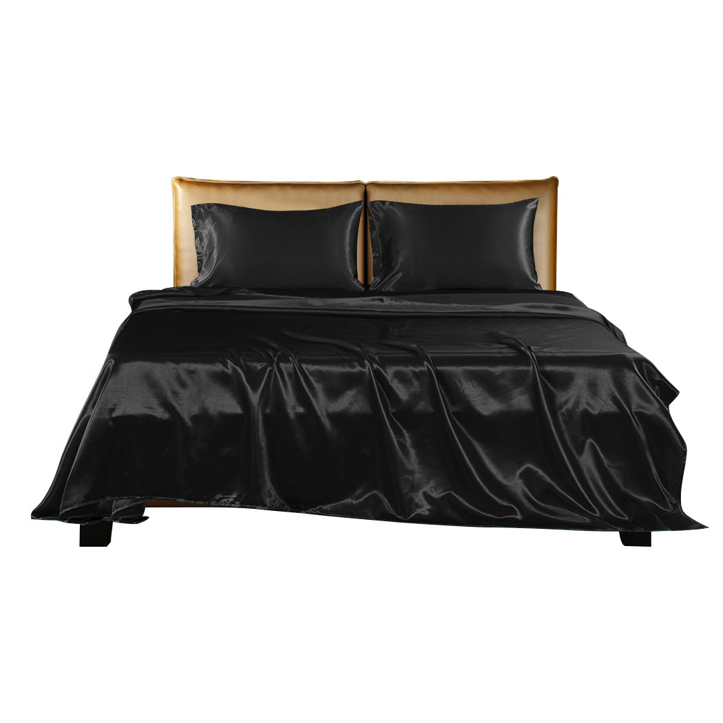 Dreamz Silky Satin Fitted Flat Queen Black Sheets