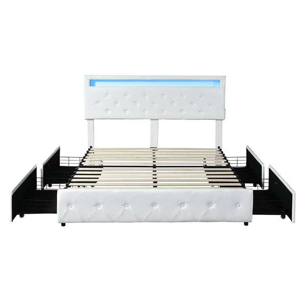 Levede Queen Bed Frame Rgb Led Pu 4 Drawer Usb Queen Bed Frames