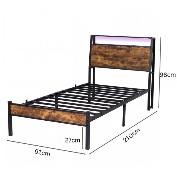 Levede Single Bed Frame With Led Usb Charging Storage Headboard Walnut Black Single Bed Frames