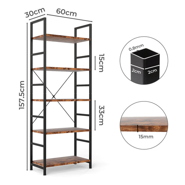 Levede 5 Tier Industrial Bookshelf Bookcase 157.5Cm Bookshelves