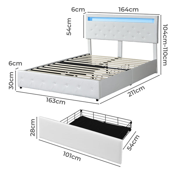 Levede Queen Bed Frame Rgb Led Pu 4 Drawer Usb Queen Bed Frames