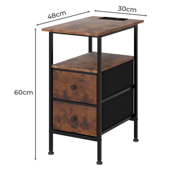 Levede Bedside Table With 2 Drawers Charging Station Brown Side Tables