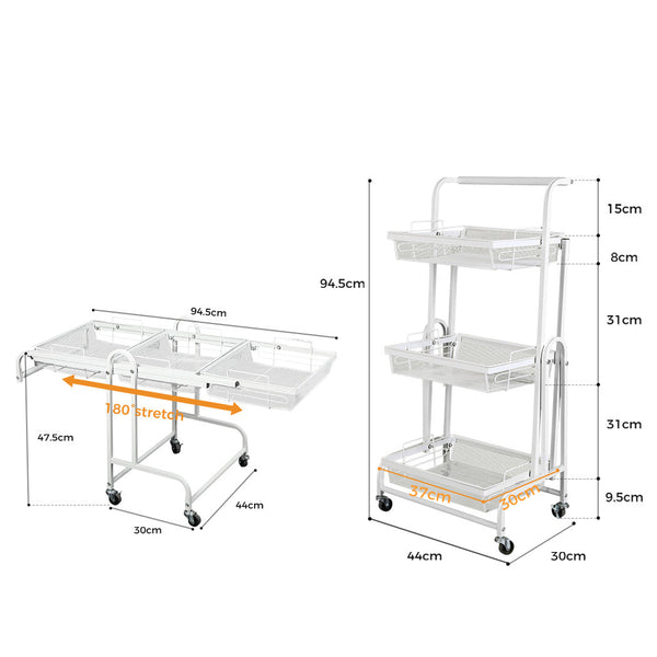 Levede 3 Tier Kitchen Trolley Cart Swivel White Colour Kitchen Carts