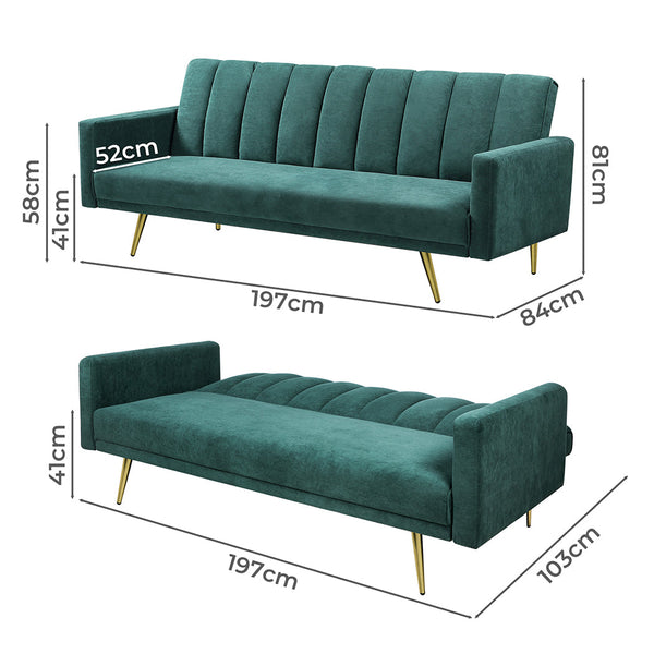 Levede Sofa Bed Convertible Velvet Lounge Recliner Couch Sleeper 3 Seater Green Sofa Beds