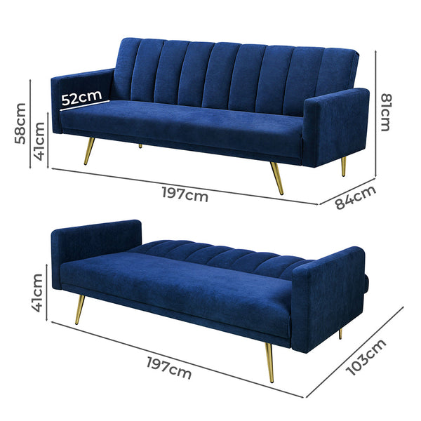 Levede Sofa Bed Convertible Velvet Lounge Recliner Couch Sleeper 3 Seater Blue Sofa Beds