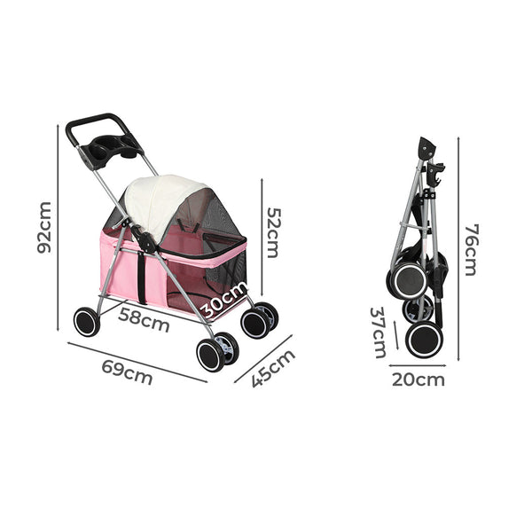Pawz Pet Stroller Dog Cat Carrier Foldable Pink Dog Strollers