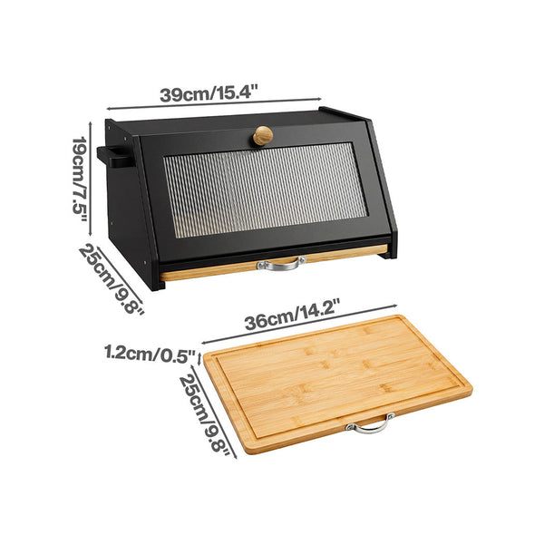 Toque Bamboo Bread Box With Cutting Board & Knife Holder Black Bread Bins