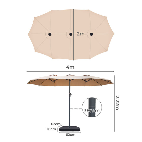 Centra 4M Double Sided Patio Umbrella Outdoor Base Stand Khaki Patio Umbrellas