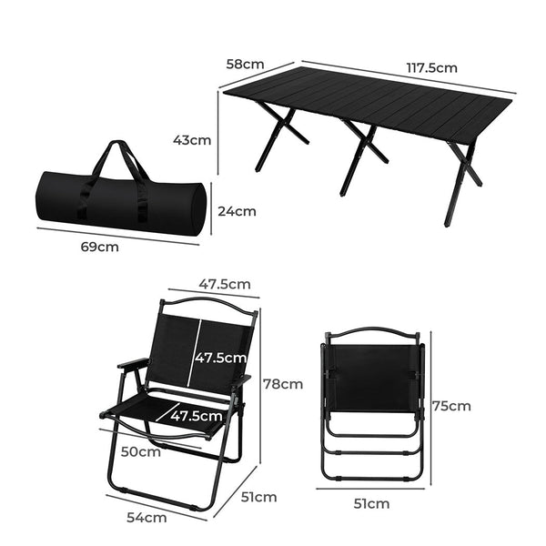 Levede Folding Camping Table And Chair Set Black Portable Outdoor Furniture For Picnic Or Travel Camping Tables