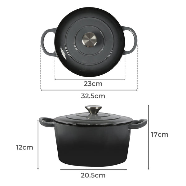 Toque 4L Enamel Dutch Oven Pot Cookware Black Casserole Pans