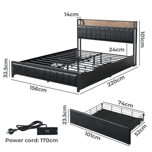 Levede Queen Bed Frame Pu With 4 Drawers And Usb Charging Ports Queen Bed Frames