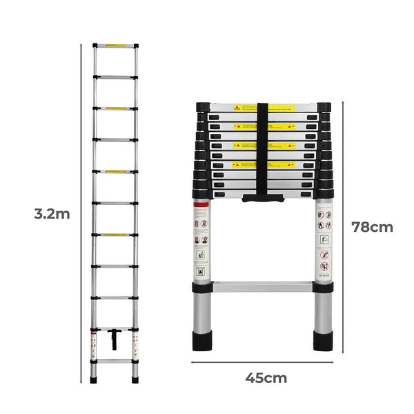 Traderight Multipurpose Ladder Telescopic 3.2M Silver Meter Ladders