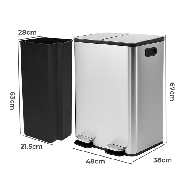 Toque 60L Dual Compartment Stainless Steel Pedal Bin Black & Silver Rubbish Bins