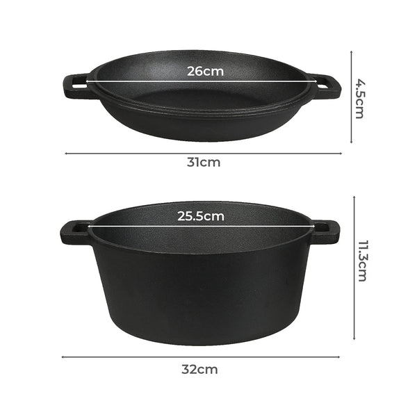 Toque 5.84L Double Dutch Oven 2 In 1 Cast Iron Pan Black Saucepans & Stockpots