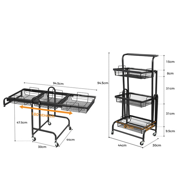 Levede 3 Tier Kitchen Trolley Cart Swivel Black Colour Kitchen Carts