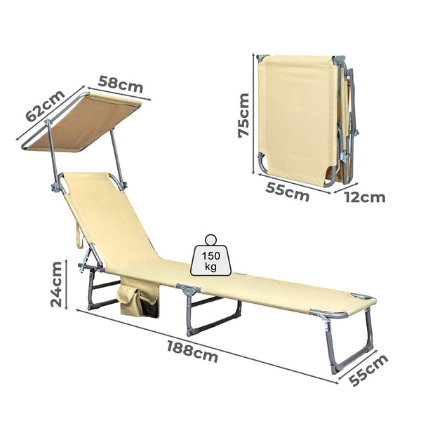 Levede Foldable Lounge Chairs With Canopy Khaki Loungers