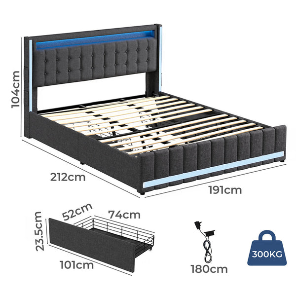 Levede King Bed Frame Fabric Storage Drawer Led Usb King Bed Frames