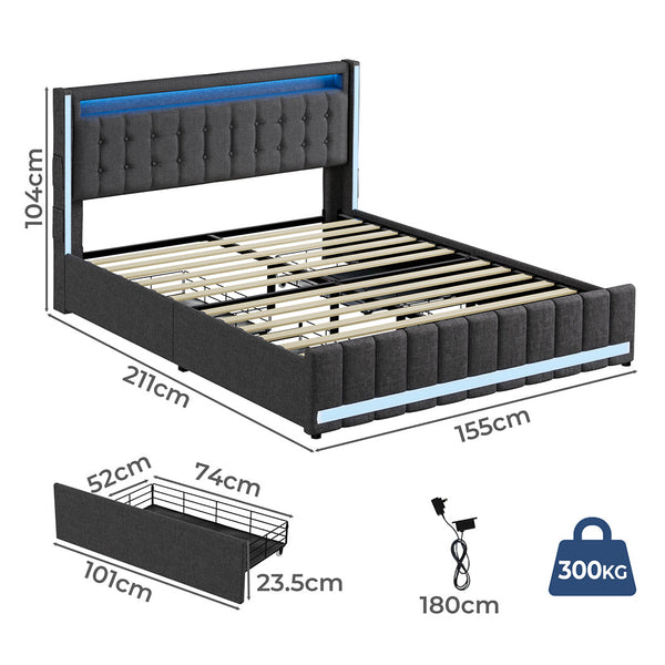 Levede Queen Bed Frame With Led Lights Usb Ports And Storage Drawers Queen Bed Frames