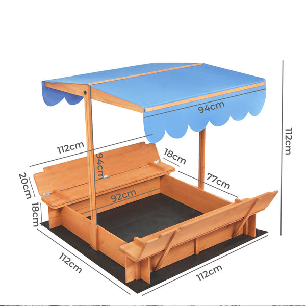Kids Sandbox With Foldable Benches And Canopy Outdoor Play Box Sandpit Toys