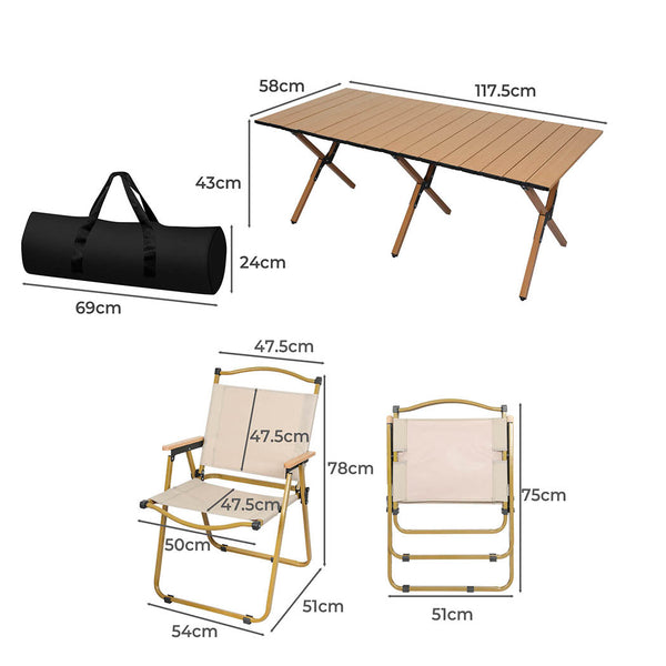 Levede Folding Camping Table Chair Set Oak Camping Tables