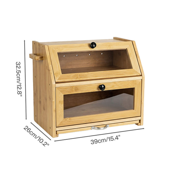 Toque Double Layer Bamboo Bread Box With Window & Cutting Board Bread Bins
