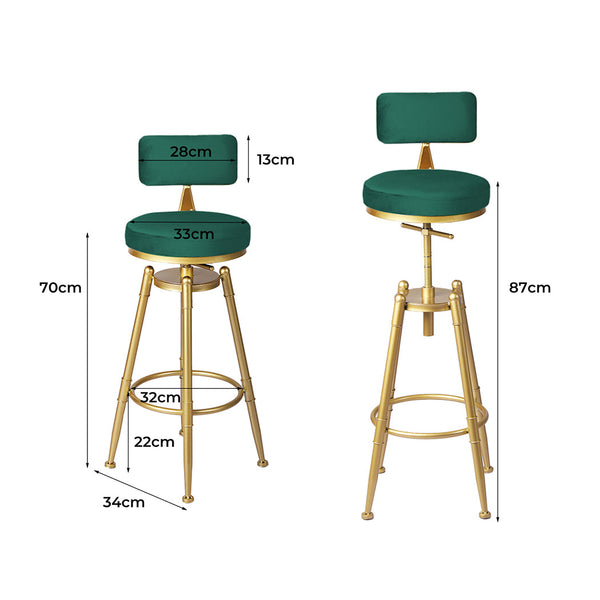 Levede 1X Bar Stool Velvet Kitchen Green Adjustable Height Modern Seating Benches Bar Stools