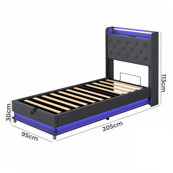 Levede Single Bed Frame Gas Lift Storage Led Light Usb Single Bed Frames