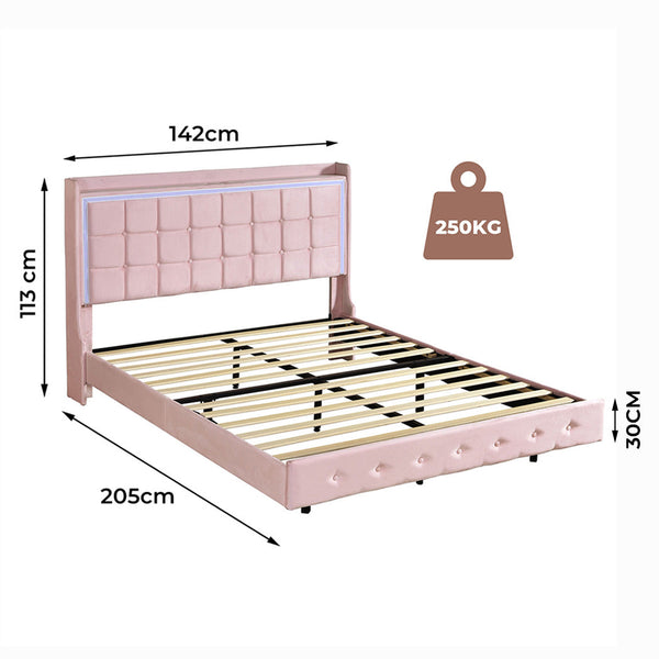 Levede Double Floating Bed Frame With Led Lights & Usb Ports Pink Double Bed Frames