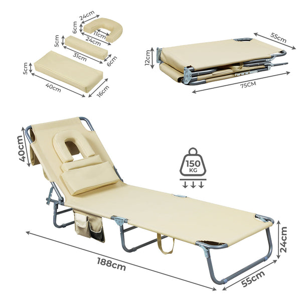 Levede Foldable Beach Lounge Chairs With Face Hole Khaki Loungers