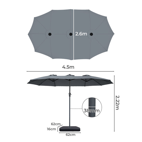 Centra 4.5M Double Sided Patio Umbrella Outdoor Base Stand Grey Patio Umbrellas