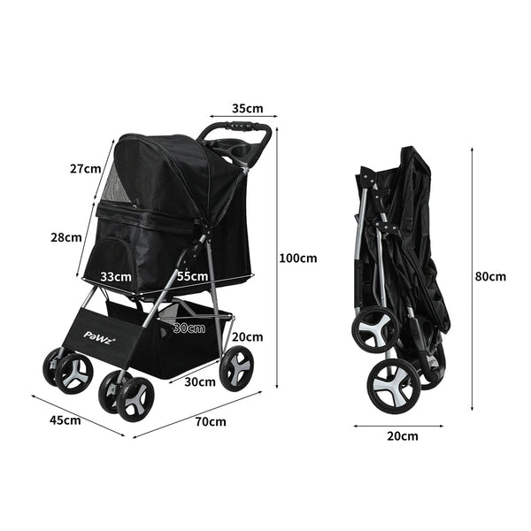 Pawz 4 Wheels Pet Stroller Dog Cat Cage Black Convenient And Comfortable Travel For Pets Dog Strollers