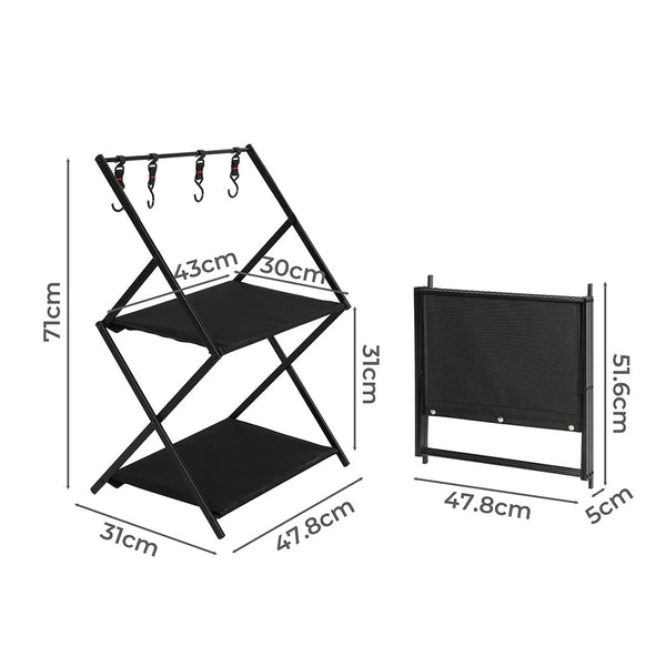 Levede Foldable Shelves 2 Layer With Hooks Black Camping Storage