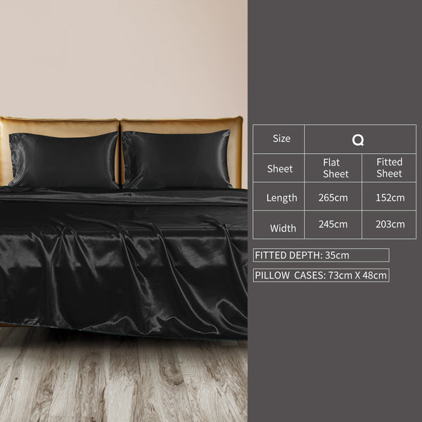 Dreamz Silky Satin Fitted Flat Queen Black Sheets