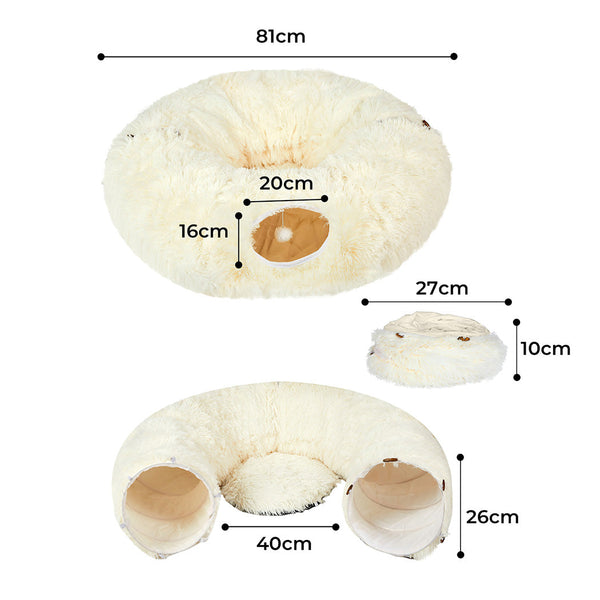 Pawz Cat Tunnel Foldable Fluffy Plush Play Tube Beige Cat Toys