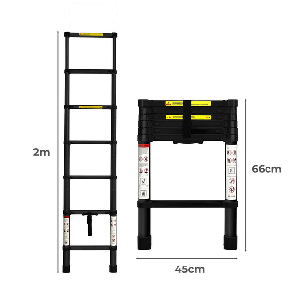 Traderight Multipurpose Aluminium Ladder Telescopic 2M Black Meter Ladders