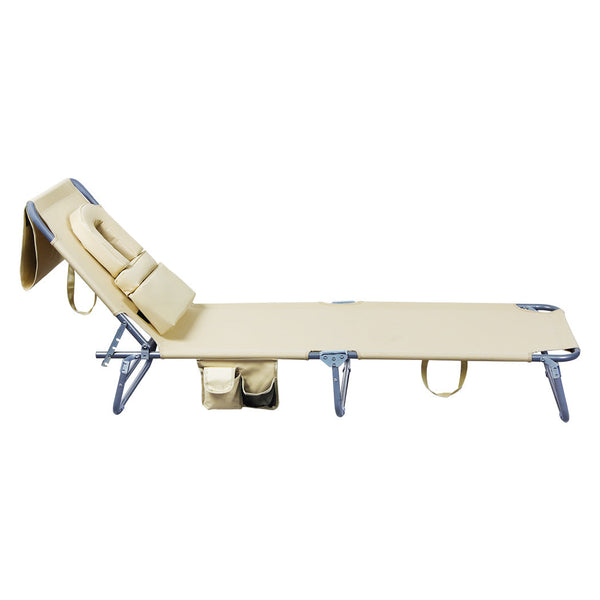 Levede Foldable Beach Lounge Chairs With Face Hole Khaki Loungers