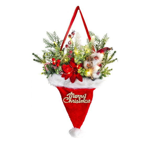 Illuminated Santa Hat Door Hanger With Holiday Greenery & Berries Christmas Wall Decor(Red) Seasonal Decorations